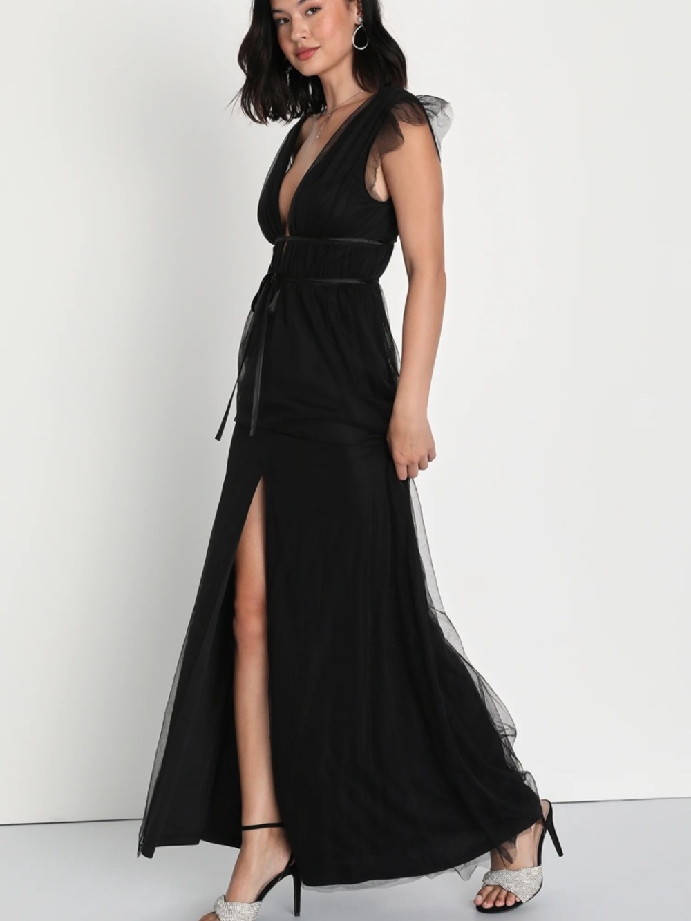 Lulus I’m All Yours Black Tulle Ruffled Maxi Dress Size XS Sheer ~ Evening!